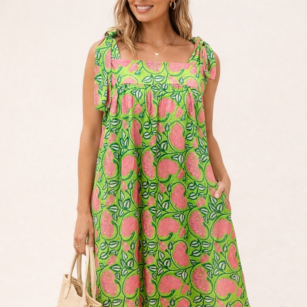 Pink and Green Sleeveless Sundress with Tie Straps NWOT